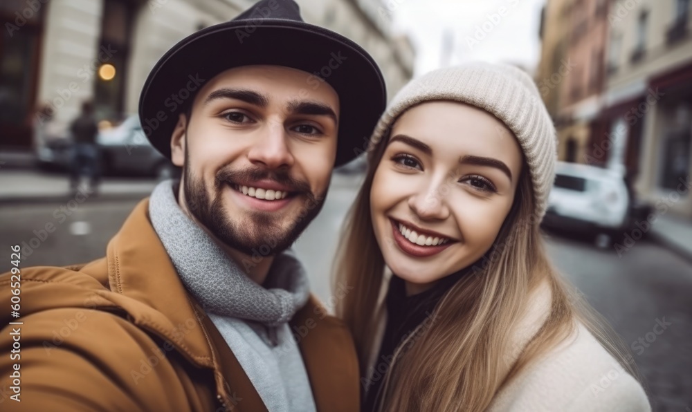 Happy moments together, Young smiling couple taking a selfie with smart phone, generative AI