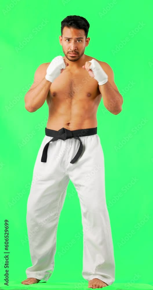 Martial arts, boxing defense and man portrait with green screen and fitness for fight. Boxer, karate and mma of a Asian male athlete with exercise, motivation and training for kickboxing in studio Martial arts, boxing defense and man portrait with green screen and fitness for fight. Boxer, karate and mma of a Asian male athlete with exercise, motivation and training for kickboxing in studio