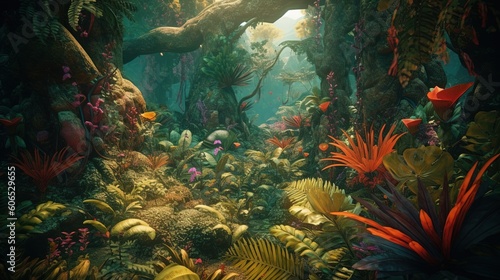 image of a lush jungle on an alien planet with exotic plants created with Generative AI technology.