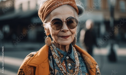 Image of stylish ethnic senior woman on street, generative AI