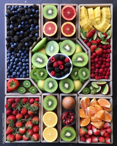 Colorful Tropical Fruit Salad Top View. Fruits Knolling Assortiment. Generative AI illustration. 
