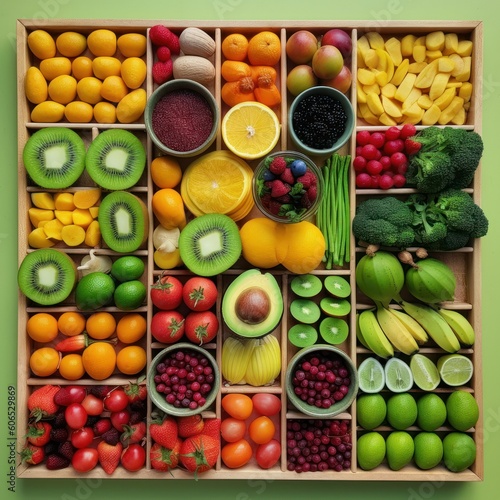 Colorful Tropical Fruit Salad Top View. Fruits Knolling Assortiment. Generative AI illustration. 