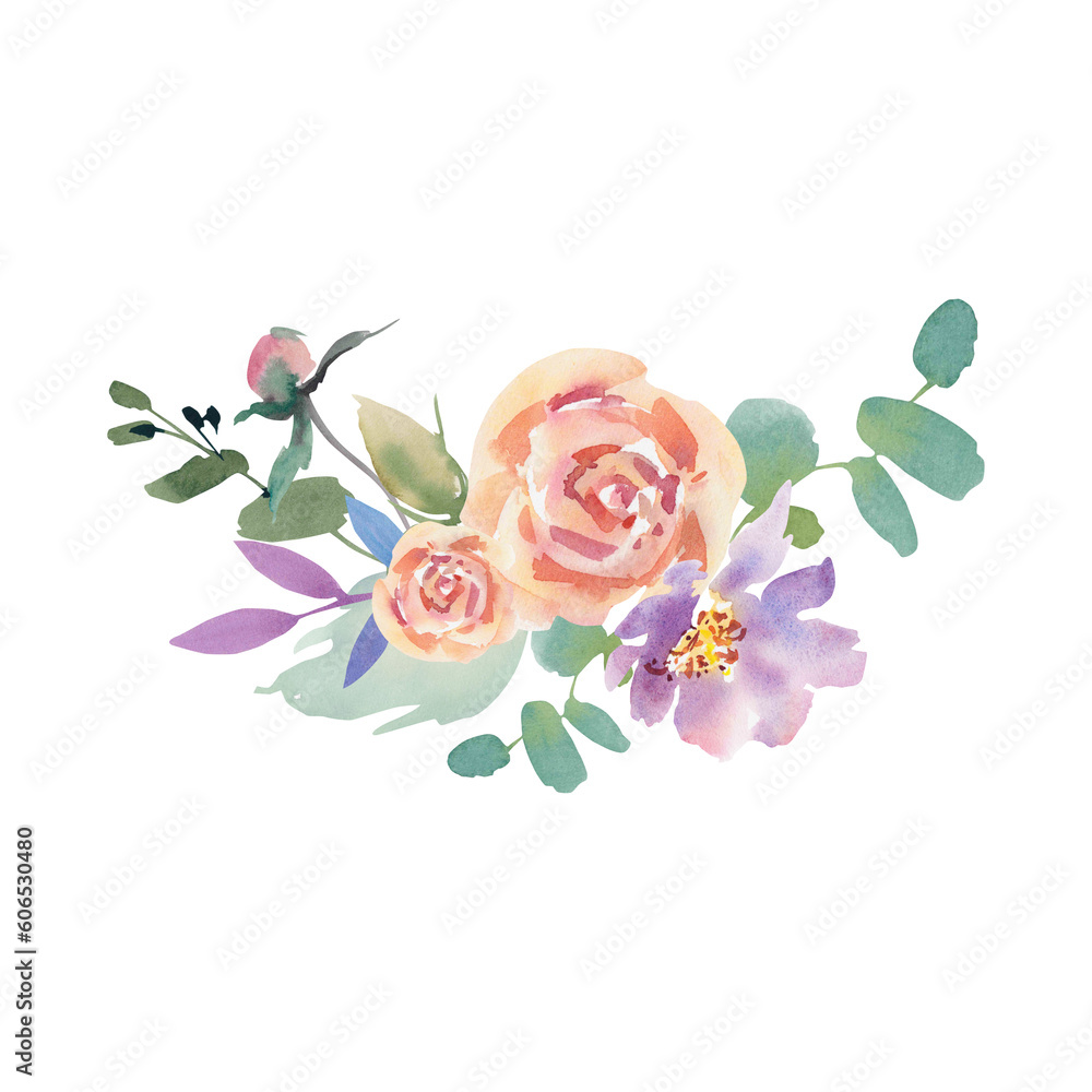 Watercolor flowers on an isolated background. Handmade work. Colorful illustration. Wedding. Anemones, peonies, roses, eucalyptus.