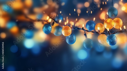 holiday illumination and decoration concept - Christmas garland bokeh lights over dark blue background, Generative AI