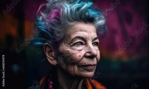 Portrait of aged woman with colorful hair, generative AI