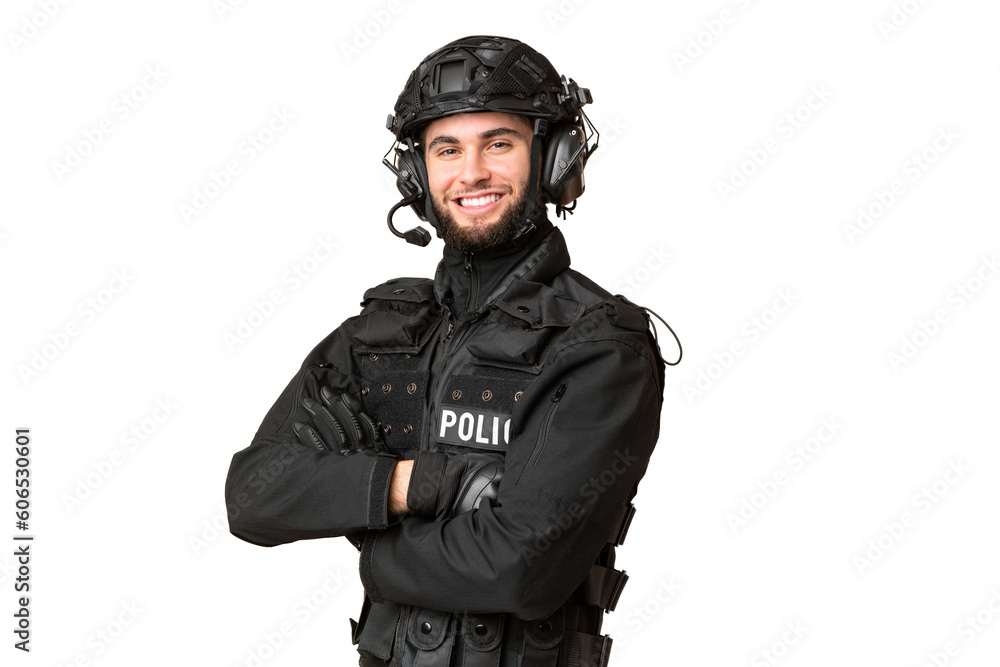 SWAT over isolated chroma key background with arms crossed and looking forward SWAT over isolated chroma key background with arms crossed and looking forward