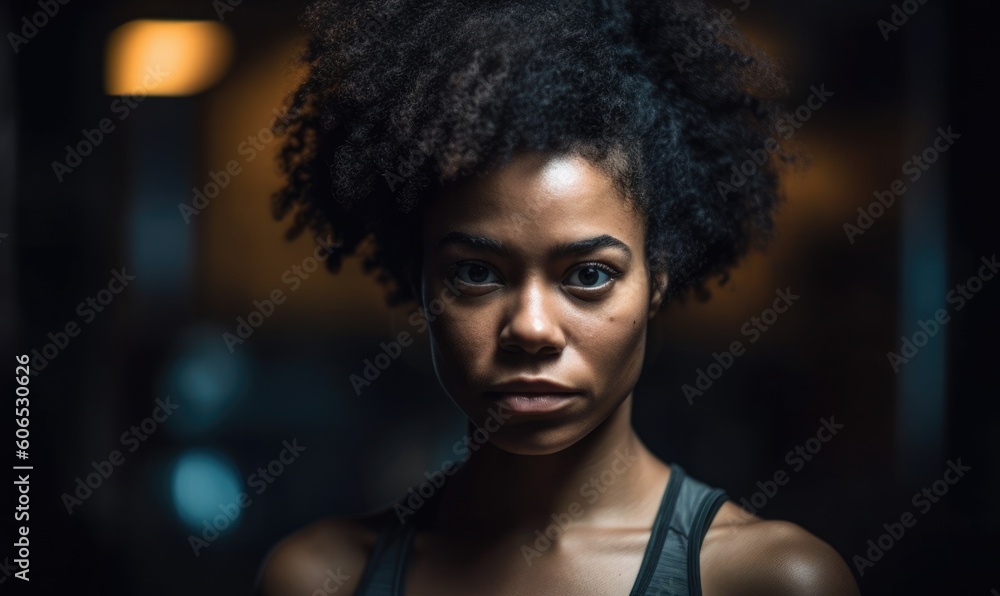 Portrait of beautiful afro american female with curly hair in gym, African fitness woman at healthclub, generative AI Portrait of beautiful afro american female with curly hair in gym, African fitness woman at healthclub, generative AI
