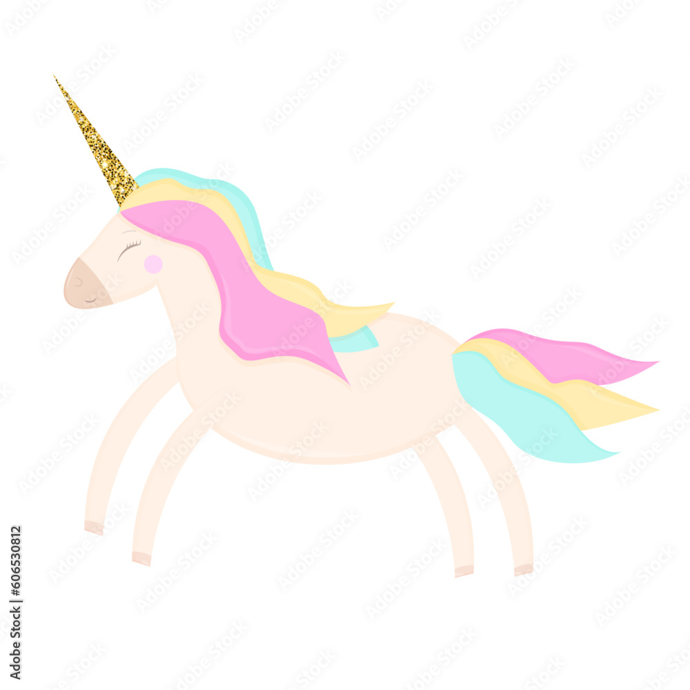 Unicorn. Cute, bright. Side view. Icon for website, animal app. Clipart for an educational game for children. Vector flat illustration, cartoon style.