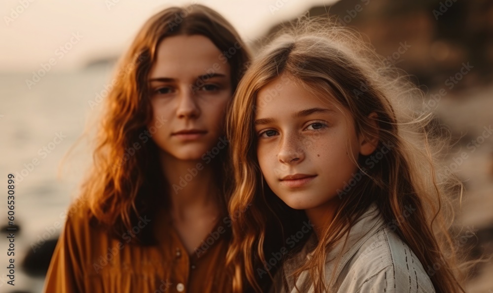 Fototapeta premium Portrait of mother and daughter against the background of the sea, generative AI