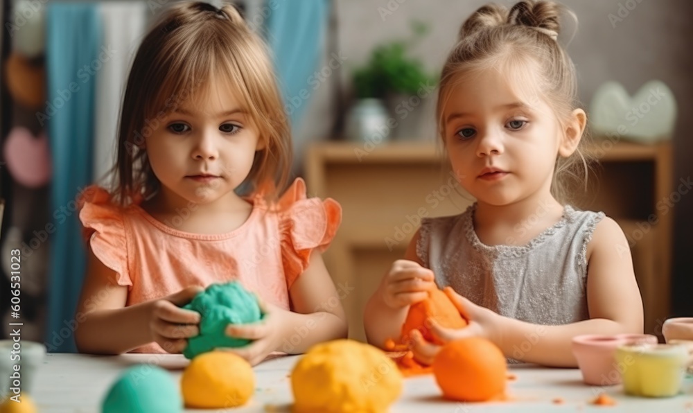 Fototapeta premium Two cute little sisters having fun together with colorful modeling clay at a daycare, generative AI