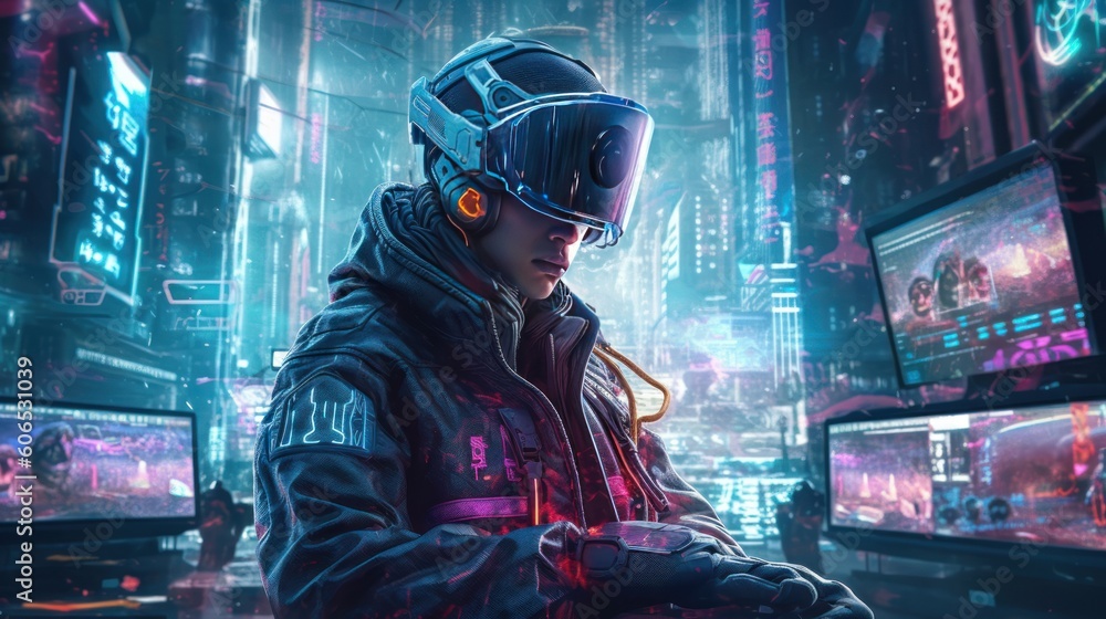 Depict a skilled cyberpunk hacker in a futuristic setting, surrounded by holographic interfaces, intricate code, and virtual reality elements Depict a skilled cyberpunk hacker in a futuristic setting, surrounded by holographic interfaces, intricate code, and virtual reality elements