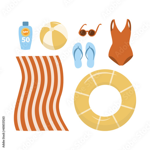 Summer beach accessories. Swimming suit, sunglasses, beach towel, sunscreen, flip flops, floating ring and ball. 