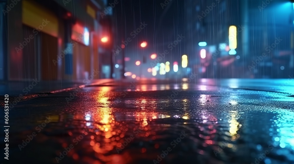Wet asphalt, reflection of neon lights, a searchlight, smoke. Abstract light in a dark empty street with smoke, smog. Dark background scene of empty street, night view, night city, Generative AI