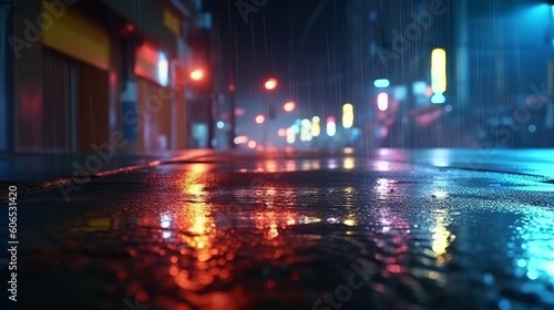 Wet asphalt, reflection of neon lights, a searchlight, smoke. Abstract light in a dark empty street with smoke, smog. Dark background scene of empty street, night view, night city, Generative AI © Ameer