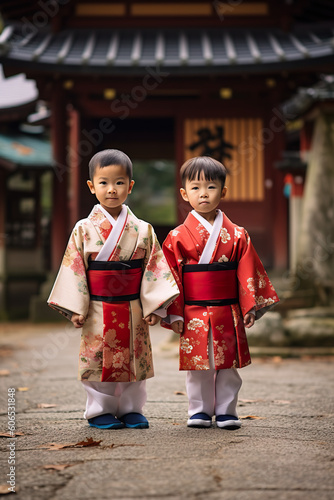 Two young boys dressed in traditional japanese clothing. Generative AI. Shichi-Go-San festival day.