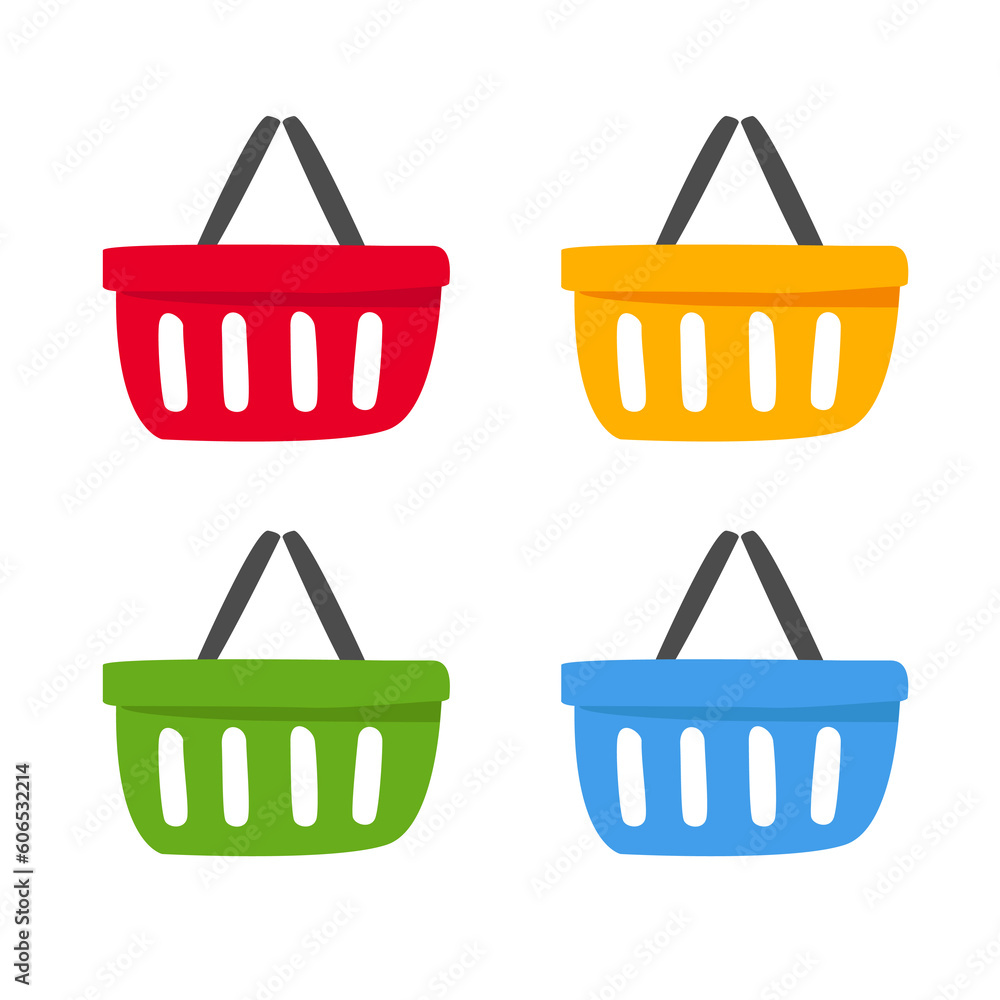 Set of empty colored grocery baskets. Stylized simple image for supermarket, goods, bargain concepts. Vector illustration . Set of empty colored grocery baskets. Stylized simple image for supermarket, goods, bargain concepts. Vector illustration .