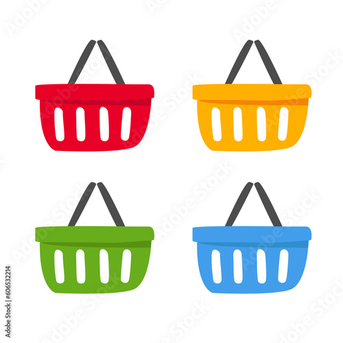Set of empty colored grocery baskets. Stylized simple image for supermarket, goods, bargain concepts. Vector illustration .