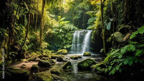 A secluded waterfall hidden deep within a lush tropical rainforest  with vibrant flora and fauna surrounding it 