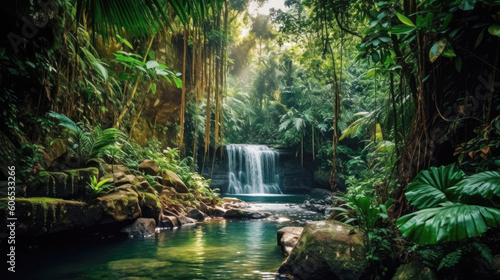 A secluded waterfall hidden deep within a lush tropical rainforest, with vibrant flora and fauna surrounding it 