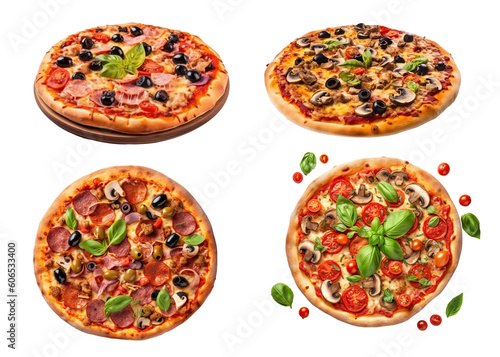 Set of Italian vegetarian and salami pizzas on a transparent background. Generative AI.