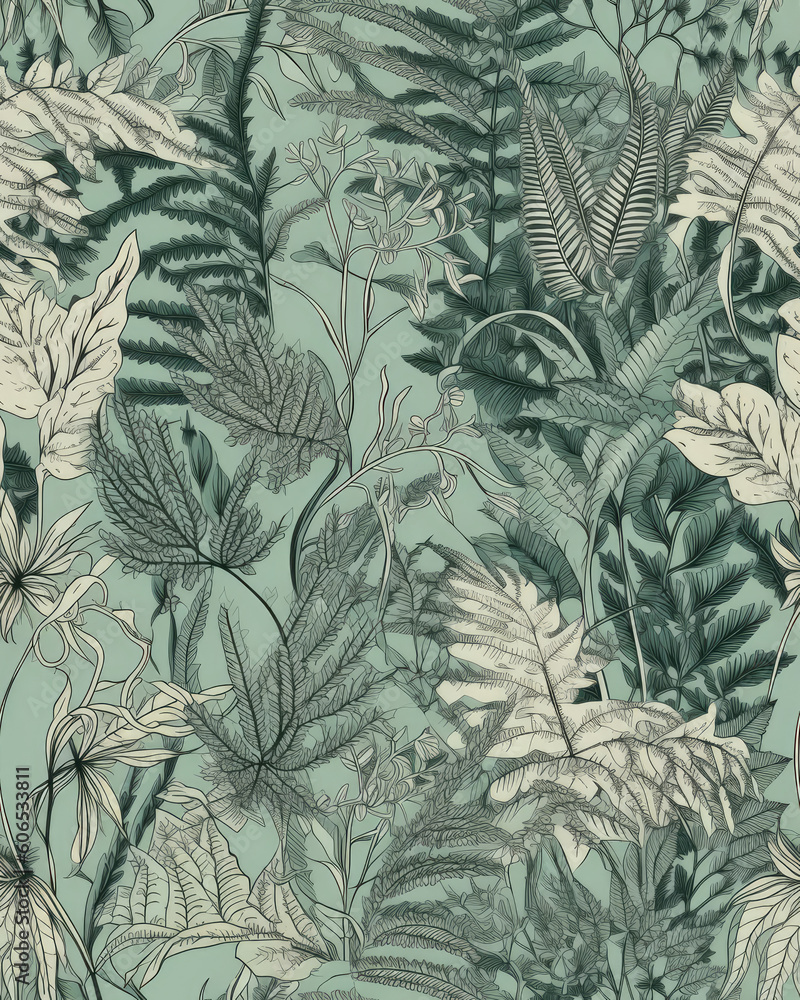 Fototapeta Seamless pattern with ferns and leaves, floral pattern for wallpaper or fabric. Botanic Tile. AI generated images