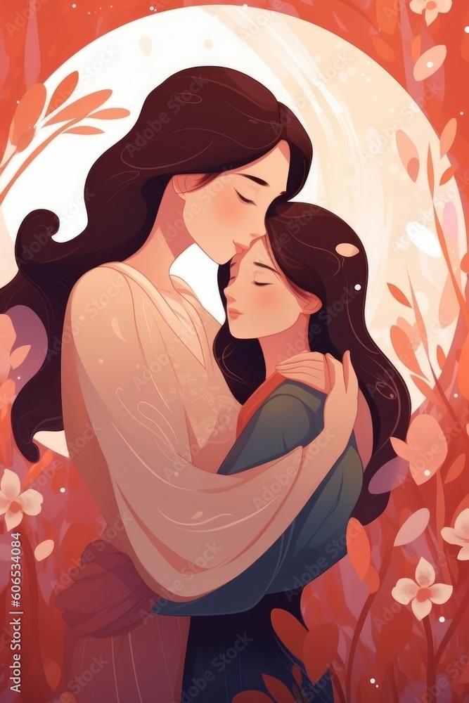 An illustration of a mom and daughter hugging for Mother's Day. (Generative AI) An illustration of a mom and daughter hugging for Mother's Day. (Generative AI)