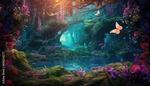 The image showcases a stunning enchanted forest.  Generative AI 