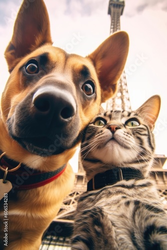 A cat and dog selfie atop the Eiffel Tower in France.  Generative AI 