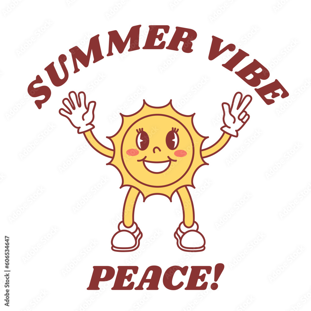 Funny sun, peace sign, mascot.. Vector illustration. Smiling Positive Icon. Vintage slogan, print design.
