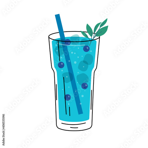 Glass of virgin blue lagoon cocktail with blueberries. Summer cocktail isolated on white background. Non alcoholic drink with ice cubes, mint and berries. Cocktail for menu, bar. Vector illustration