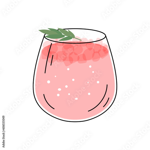 Glass of sparkling pink paloma cocktail. Summer cocktail isolated on white background. Pink alcoholic drink with ice cubes and rosemarine. Cocktail for menu, bar. Vector illustration