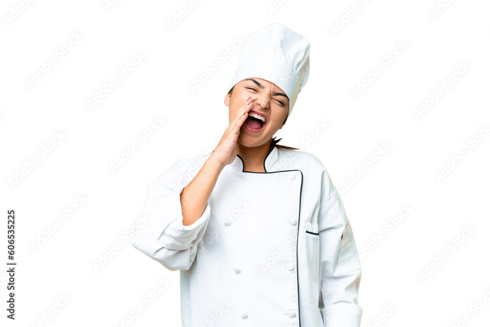 Young woman Chef over isolated chroma key background shouting with mouth wide open Young woman Chef over isolated chroma key background shouting with mouth wide open