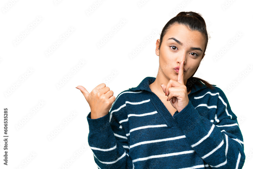 Young beauty woman over isolated chroma key background pointing to the side and doing silence gesture Young beauty woman over isolated chroma key background pointing to the side and doing silence gesture