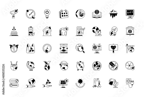 Set of icons on the theme of Earth Hour. Globe, tear-off calendar, light bulbs, tree, light switch, slider. Save planet concept. doodle style illustration 