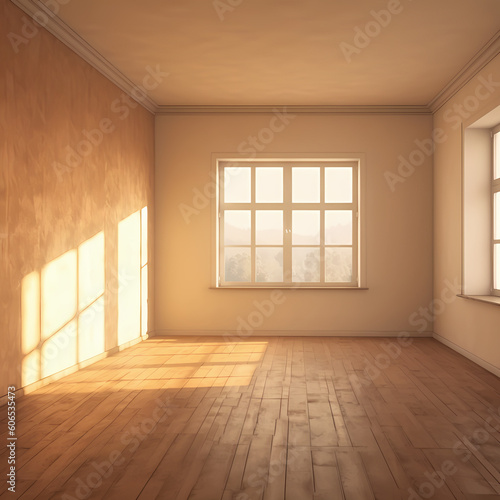 Clean  empty  wooden room  sun is shining trough the window