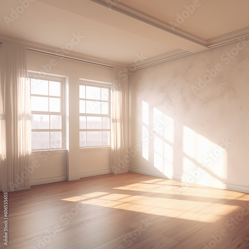 Clean, empty room with wooden floor, sun is shining trough the window