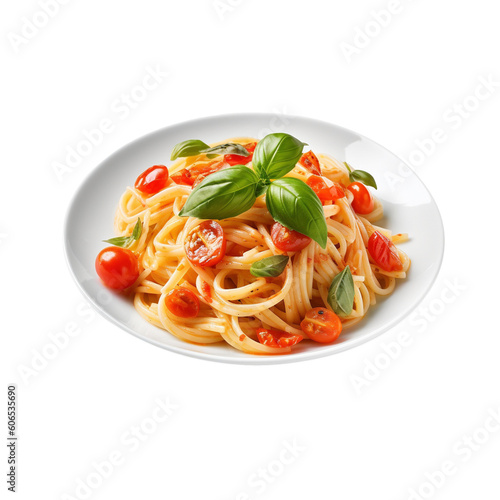 Traditional Italian linguini pasta with tomatoes and basil isolated on transparent background, created with generative AI