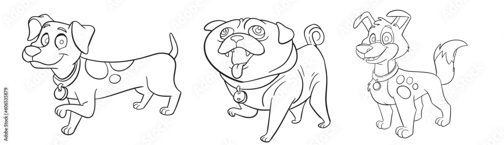 Naklejka premium Cartoon dogs illustration, coloring page style, isolated vector icon and mascot illustration, white background.