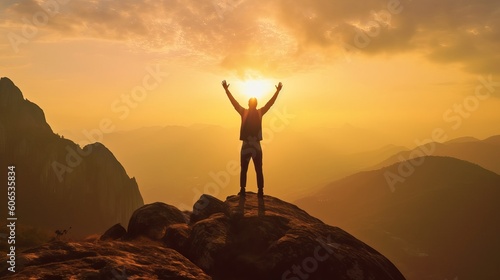 Silhouette of successful businessman keeping hands up hiking on the top of mountain - Celebrating success, winner and leader concept, sunset in the mountains, Generative AI