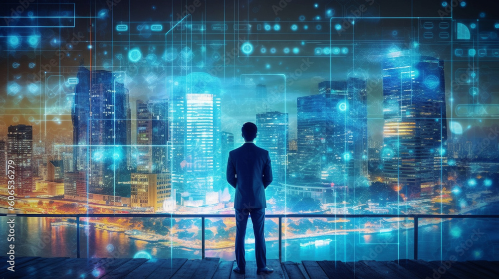 a man unveiling the digital visionary. Standing before a colossal digital screen, a visionary man harnesses the power of technology to shape a future where innovation and possibilities converge by ai a man unveiling the digital visionary. Standing before a colossal digital screen, a visionary man harnesses the power of technology to shape a future where innovation and possibilities converge by ai