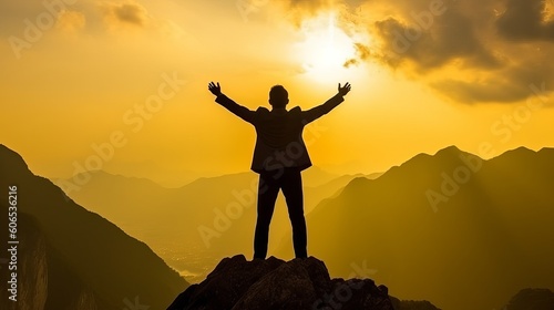 Silhouette of a businessman on the top of mountain, Silhouette of successful businessman keeping hands up hiking on the top of mountain - Celebrating success, winner and leader concept, Generative AI