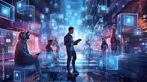 Embracing the Digital Frontier. A diverse group of individuals navigates a vibrant and interconnected digital universe, embracing the limitless opportunities and shared experiences it offers by ai photo