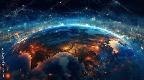 Telecommunication technology network around Earth for internet, Bridging Continents, Connecting Worlds. the global web of telecommunication technology blankets the Earth, linking nations by ai