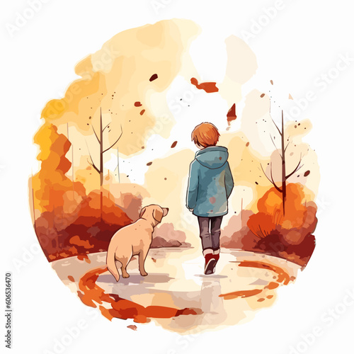 boy walking dog in melancholy vector illustration
