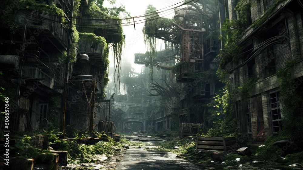 Desolate and post - apocalyptic environment with crumbling structures, overgrown vegetation, and remnants of advanced technology