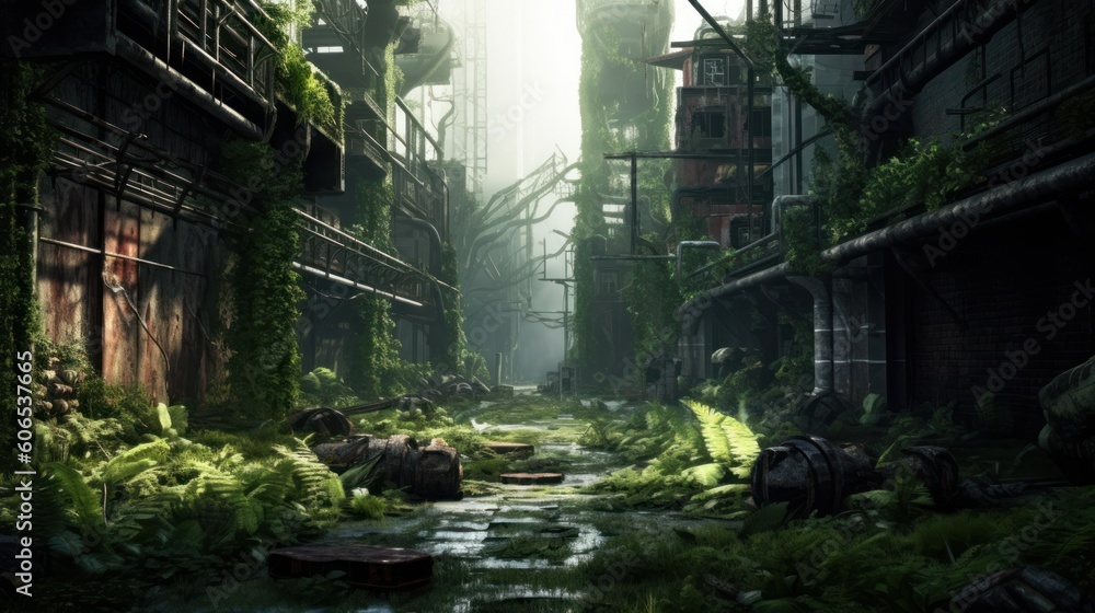 Desolate and post - apocalyptic environment with crumbling structures, overgrown vegetation, and remnants of advanced technology Desolate and post - apocalyptic environment with crumbling structures, overgrown vegetation, and remnants of advanced technology