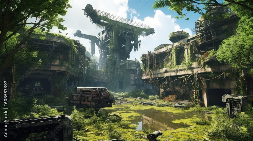 Desolate and post - apocalyptic environment with crumbling structures, overgrown vegetation, and remnants of advanced technology Desolate and post - apocalyptic environment with crumbling structures, overgrown vegetation, and remnants of advanced technology