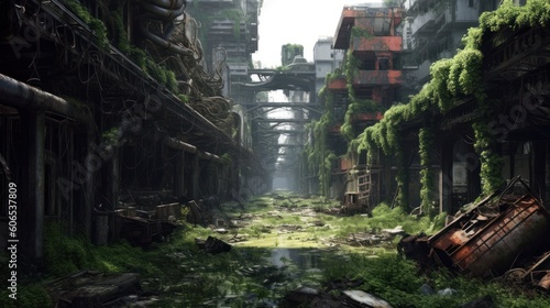 Desolate and post - apocalyptic environment with crumbling structures  overgrown vegetation  and remnants of advanced technology