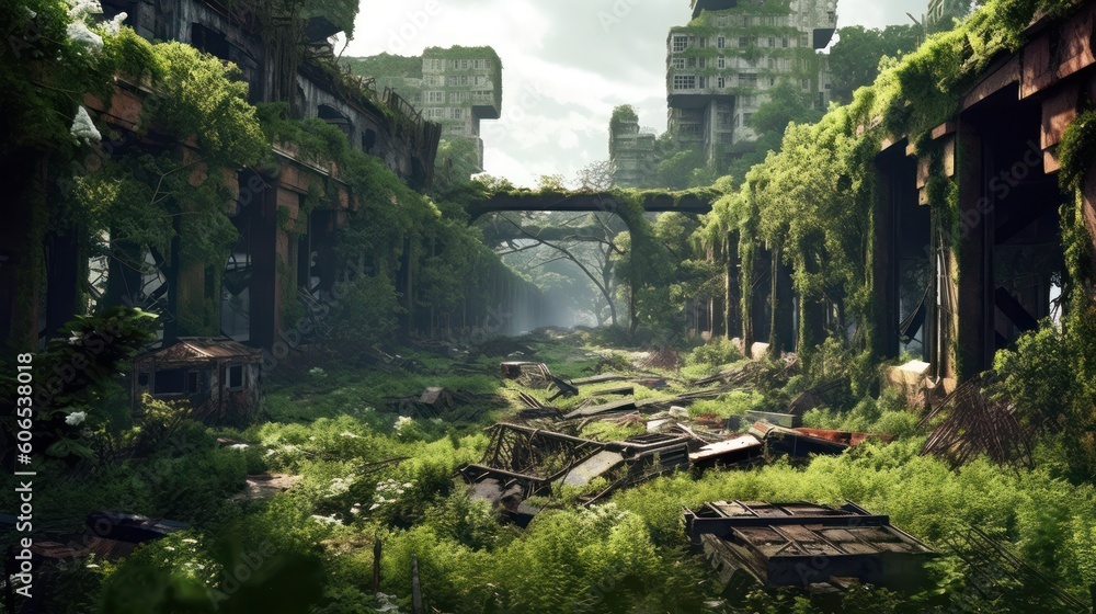 Fototapeta premium Desolate and post - apocalyptic environment with crumbling structures, overgrown vegetation, and remnants of advanced technology