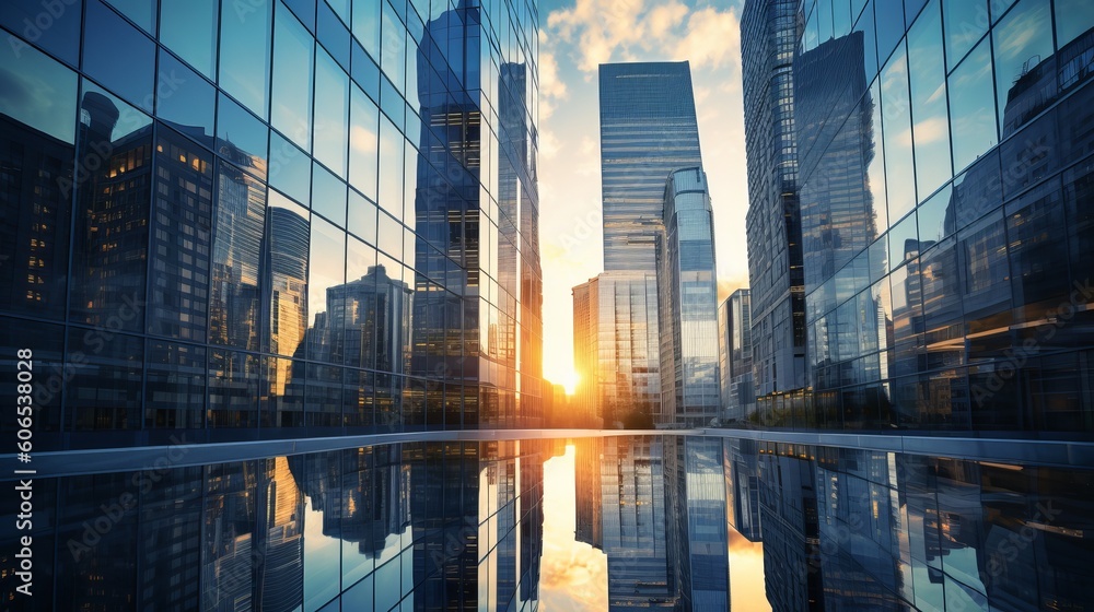 Reflective skyscrapers, business office buildings, Generative AI Reflective skyscrapers, business office buildings, Generative AI